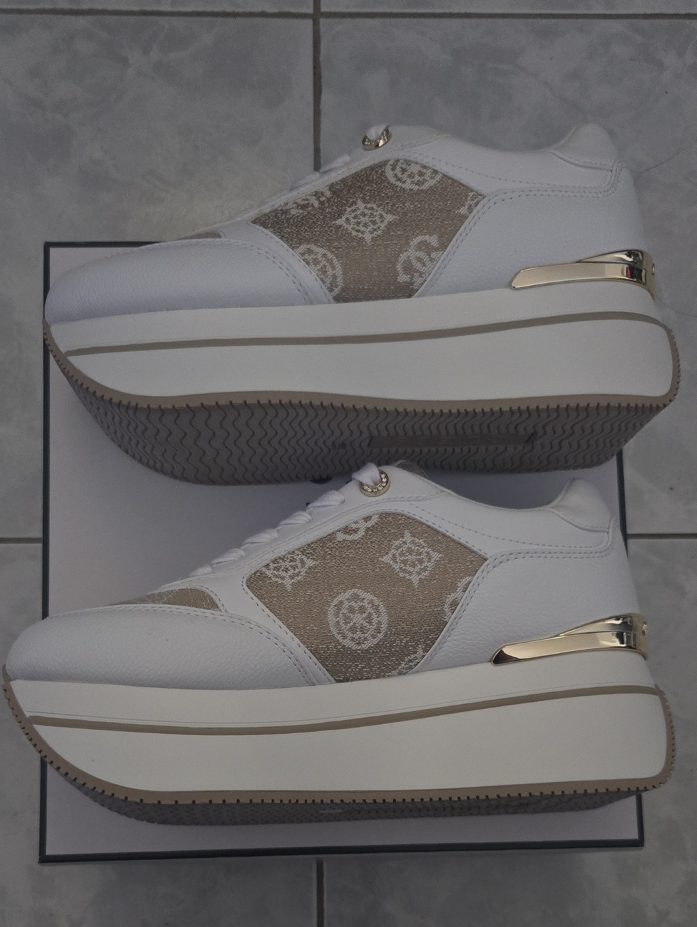 Guess White and Beige Platform Sneakers, Size 9 Women
